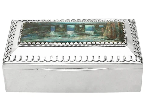Sterling Silver and Enamel Box by Liberty & Co Ltd - Antique Edwardian Width 8cm Cover