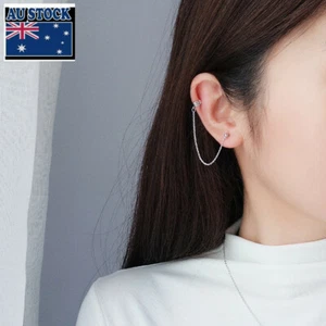 1 Pair Woman Real s925 Sterling Silver Ear Cuff Bead Earring Stud Tassel Chain - Picture 1 of 4