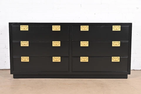 Henredon Hollywood Regency Campaign Black Lacquered Dresser, Newly Refinished Cover