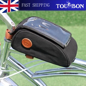 TOURBON Black Waterproof Canvas Bicycle Top Tube Pouch Riding Travel Phone Bag - Picture 1 of 24