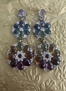 Stunning STS Sterling Silver Multicolor Rainbow Flower Dangle Stud Earrings - Picture 1 of 4