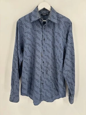Camisa masculina Mondo di Marco vintage com botões grande azul paisley mangas compridas - Imagem 1 de 4