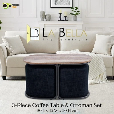 3 Piece Set Coffee Table & Ottoman Wood Side End Table Industrial Rustic - BK - image 1 of 4