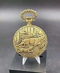 Vtg Manual Sanford Pocket Watch W/ Chain Hunting Scene 17jewels Swiss 1960s - Picture 1 of 5