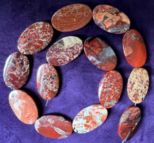 RED BRECCIATED JASPER ~ FLAT OVAL BEADS ~ EXCELLENT FINISH, CLEANLY DRILLED 30MM - Picture 1 of 15
