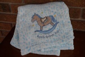 BABY Blanket ROCK A BYE Baby BLUE & White Rocking HORSE Shoes Pattern Stars Soft