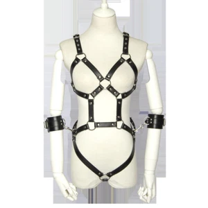 PU Leather Womens sexy Lingerie Set BDSM Erotic Handcuffs Bra Underwear bodysuit - Picture 1 of 10