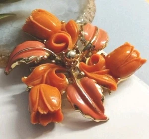 Vintage 2" CELLULOID Salmon Colored Tulip and Leaves Gold Tone Unsigned Pin! - Picture 1 of 10