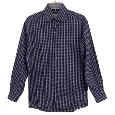 Emenegildo Zegna purple gray plaid button up hidden button collared shirt mens S - Image 1 of 4