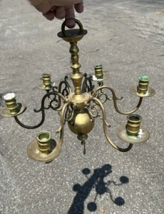 Antique Dutch solid brass candle chandelier with 6 arms Lovely estate condition - Picture 1 of 7
