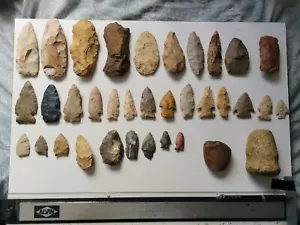 Indian Artifact Collection Lot Arrowheads Bannerstone Tools Clovis Thebes Knifes - Picture 1 of 12