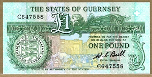 STATES OF GUERNSEY ND(1980-9) 1 POUND W.C. BULL SIGNATURE(PICK#48a) CH CU - Picture 1 of 2