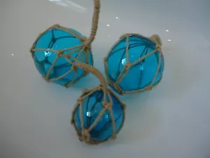 Turquoise Glass Fishing Boat Net Floats -Buoys Set Of 3 Blown Balls Bathroom 105 - Picture 1 of 7
