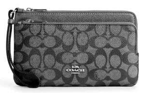 💙Coach Double Zip Wallet - CW968 Gunmetal Silver Signature Canvas/Leather - NWT - Picture 1 of 5