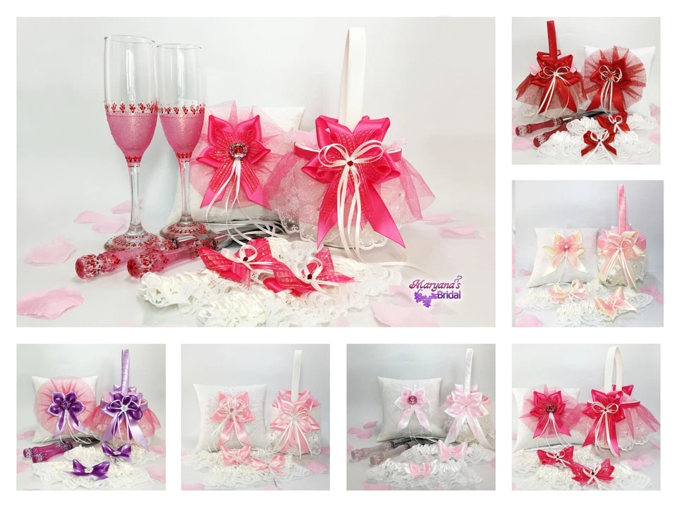 Conjunto de canasta de almohada portador de anillos niña flor rosa rojo orquídea coral cuarzo lavanda Foto 1 de 4