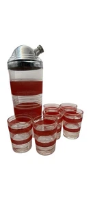 Vintage Glass Cocktail Shaker Red & White Stripes W/ Lid, W/ 6 Large Shot Glass - Picture 1 of 4