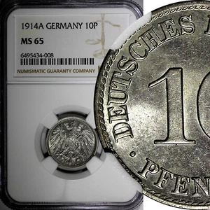 Germany - Empire Wilhelm II Copper-Nickel 1914 A 10 Pfennig NGC MS65 KM# 12 (08) - Picture 1 of 4