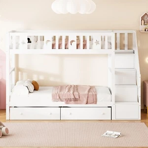Etagenbett Kinderbett Einzelbett 90x200cm mit Stauraumtreppe und 2 Schubladen - Bild 1 von 12