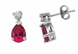 Ruby Pear Drop Earrings Solid Sterling Silver Rhodium Plated 925 Hallmark - Picture 1 of 2