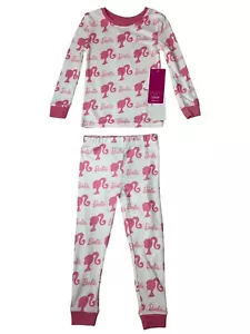 Barbie Girls Long Sleeve Pajama Set With Pink Logo & Silhouette White Sz 2T- NEW - Picture 1 of 7