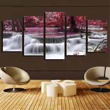 5P Red Waterfall Paintings Home Decor Posters HD Print Wall Art unframed