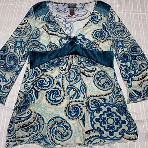 BISOU BISOU Pajama Top S Paisley Bow Velour Babydoll Lace - Picture 1 of 10