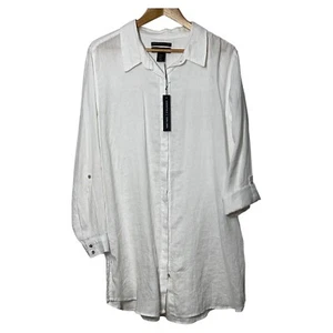 NWT Tahari Womens Linen Tunic Size XL Roll Tab Sleeve White Business Casual - Picture 1 of 4