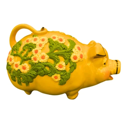 Vintage 1976's MCM Universal Statuary CORP Yellow Pig  White Floral Piggy Bank - Image 1 of 4
