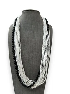 "Collar de 25"" anillo de primavera vintage de vidrio bohemio blanco y negro con múltiples hilos" - Imagen 1 de 6