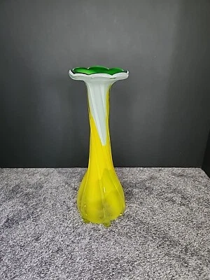 Jarrón de vidrio soplado vintage Jack in the Pulpit orquídea vidrio verde amarillo y blanco  Foto 1 de 4