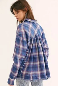 NWT FREE PEOPLE Oversized Slouchy Blue Plaid Cotton Gauze Tunic Fray Top SMALL S - Picture 1 of 4