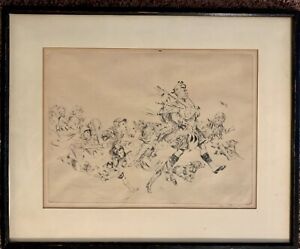 Original Vintage Signed Etching by Diana Thorne Children Dogs and Bagpipe Player