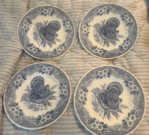 Queen's MYOTT BLUE Thanksgiving Turkey 8" Salad Dessert Plates SET/LOT OF 4 - Picture 1 of 9