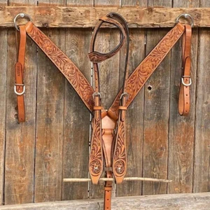Western Saddle One Ear Headstall Breast Collar For Horse Tack Set Hand Tooled - Picture 1 of 3