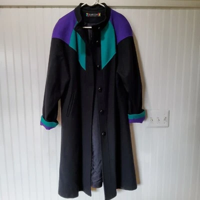 Casaco longo vintage anos 80 Komitor color block preto roxo verde lã X grande ousado - Imagem 1 de 4