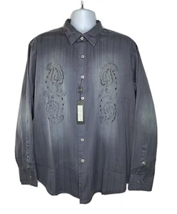 Tulliano Cotton Mens Embroidered Washed Long Sleeve Button Up Shirt Gray XL NEW - Picture 1 of 10