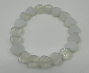 Natural White Opal Gemstone Flat Hearts Beaded Stretch Bracelet - Picture 1 of 1