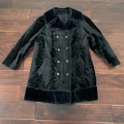 Vintage 1970s Plush Black Double Breasted Faux Fur Midi Pea Coat Jacket Mod M L - Image 1 of 4
