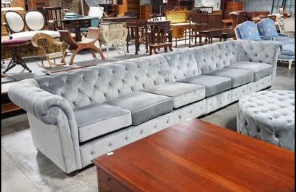 6 座模块化切斯特菲尔德沙发灰色天鹅绒  — 第 1/2 张图片