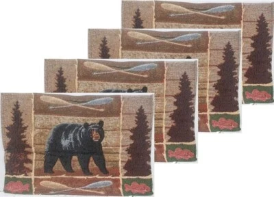 Set of 4 Tapestry Kitchen Placemats,13" x 19", BEAR IN THE WOODLANDS & FISH, HC - Image 1 of 4