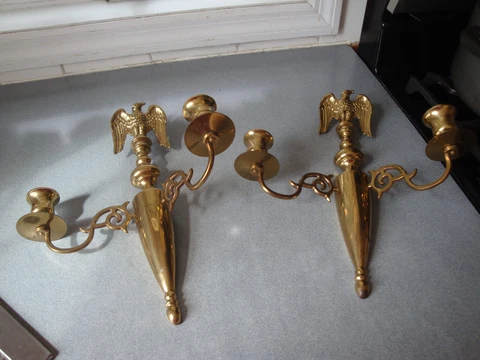 CM SIGNED BRASS DOUBLE ARM CANDLESTICK WALL SCONCES FULL BODY EAGLES 11.75"X 10" Cover