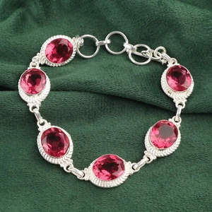Gift For Her 925 Sterling Silver Natural Pink Tourmaline Gemstone Chain Bracelet - Picture 1 of 8