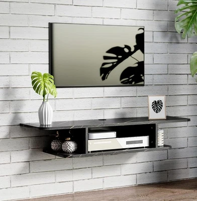 Floating TV Unit Stand Wall Mounted Shelf Shelving Storage Unit Marble Effect - Image 1 of 4