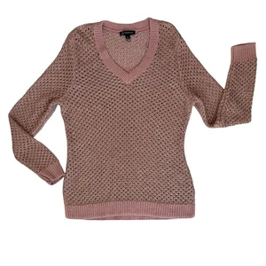 New INC Pointelle Pale Mauve Gold Sweater Womens XL Metallic V Neck Open Stitch - Picture 1 of 14