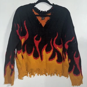 Runway 7 Flame Sweater – Women’s XL Black Distressed Pullover Grunge Streetwear - Picture 1 of 7