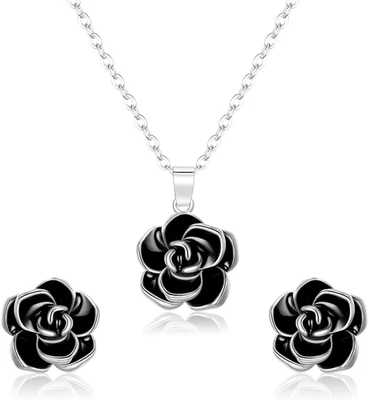 Conjunto de pulsera pendientes collar flor rosa chapado en oro 14K hipoalergénico joyero Foto 1 de 4