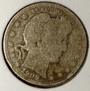 1909-P 25C Barber Quarter 90% Silver 18sot0909