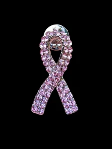 Breast Cancer Awareness Pink Crystal Rhinestone Silver Tone Ribbon Pin - Picture 1 of 5
