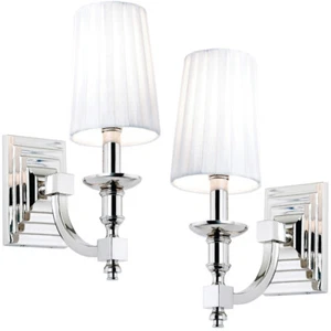 2 PACK Modern Dimmable Wall Light Nickel & White Pleated Shade Bedside Lamp Kit - Picture 1 of 5