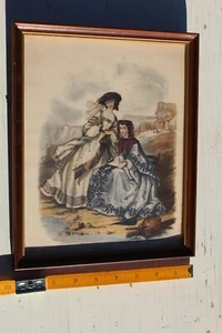 1850s Country Ladies Paper Magazine Fashion Plate by Anais Coudouze in Frame - Picture 1 of 6